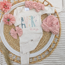 Load image into Gallery viewer, Personalized Baby Girl Outfit On An Oatmeal Romper Sage Green and Pink Baby Name
