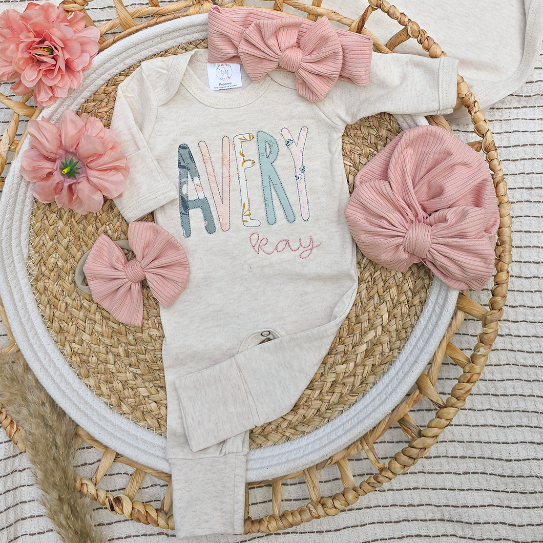 Personalized Baby Girl Outfit On An Oatmeal Romper Sage Green and Pink Baby Name