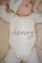 Load image into Gallery viewer, Personalized Baby Boy Outfit | Oatmeal Romper Beige Stripe Big Letter Taupe Baby Name
