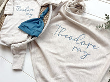 Load image into Gallery viewer, Personalized Baby Boy Outfit | Oatmeal Romper Slate Blue Baby Name

