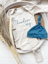 Load image into Gallery viewer, Personalized Baby Boy Outfit | Oatmeal Romper Slate Blue Baby Name
