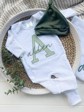 Load image into Gallery viewer, Personalized Baby Boy Outfit | White Romper Light Olive Green Baby Name
