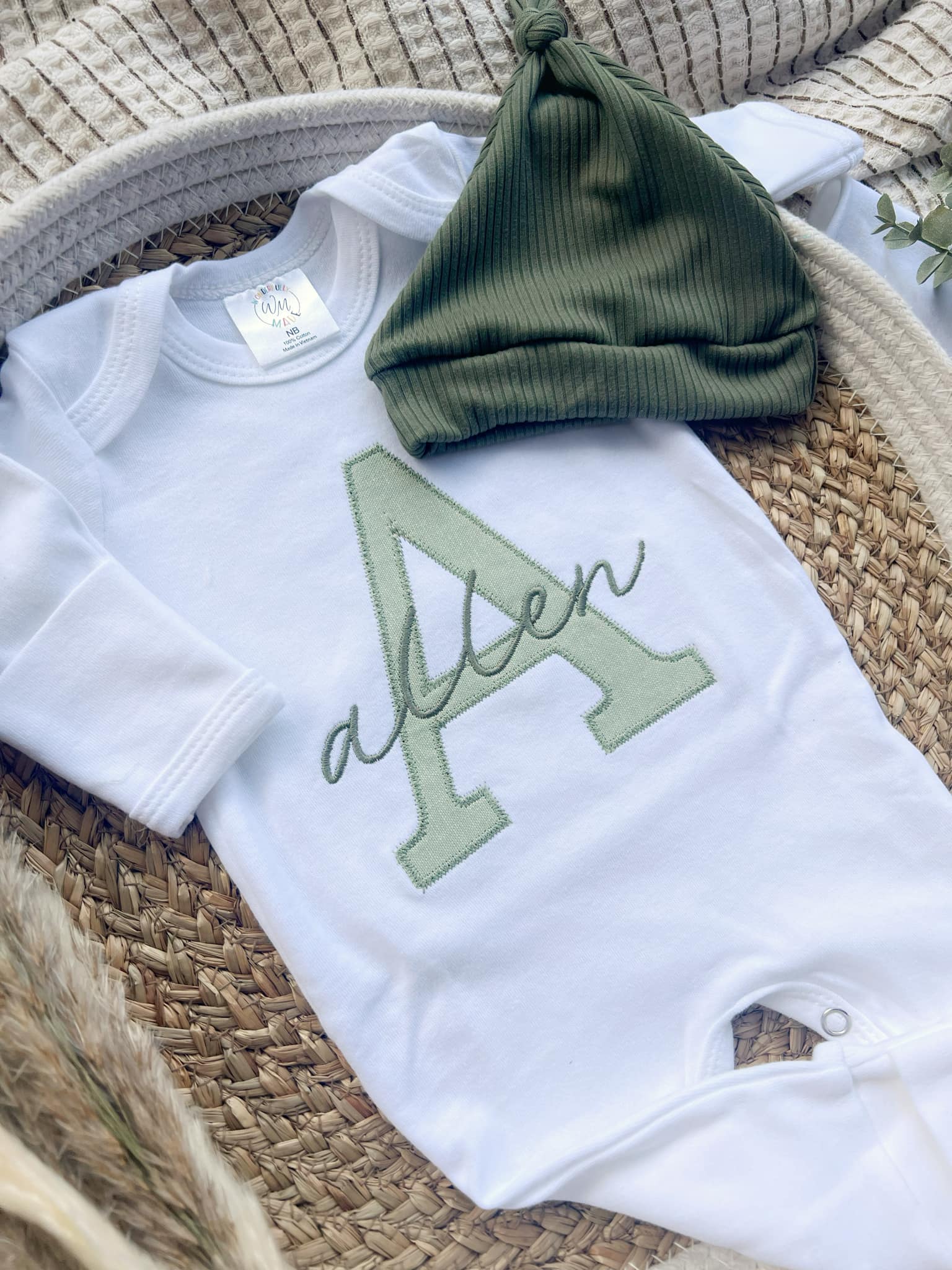 Personalized Baby Boy Outfit White Romper Light Olive Green Baby