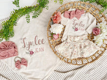 Load image into Gallery viewer, Personalized Baby Girl Outfit | Oatmeal Bodysuit Floral Skirt Pink Baby Name

