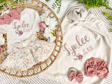 Load image into Gallery viewer, Personalized Baby Girl Outfit | Oatmeal Bodysuit Floral Skirt Pink Baby Name
