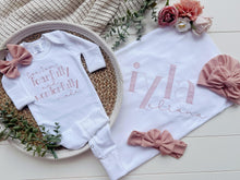 Load image into Gallery viewer, Newborn Baby Girl Outfit | White Romper Fearfully Wonderfully Made In Blush Pink
