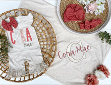 Load image into Gallery viewer, Personalized Flutter Romper | Oatmeal Ruffle Sleeve Romper Pink Cream Custom Baby Name - Millie Ryan
