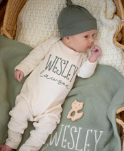 Load image into Gallery viewer, Personalized Baby Boy Outfit | Natural Cotton Romper Sage Green Baby Name
