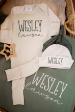 Load image into Gallery viewer, Personalized Baby Boy Outfit | Natural Cotton Romper Sage Green Baby Name
