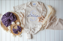 Load image into Gallery viewer, Personalized Baby Girl Outfit | Oatmeal Romper Beige Stripe Deep Rose Pink Baby Name
