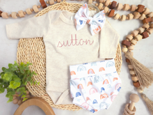 Load image into Gallery viewer, Personalized Baby Girl Outfit | Oatmeal Beige Bodysuit Water Color Rainbow Pink Baby Name
