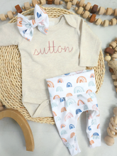 Load image into Gallery viewer, Personalized Baby Girl Outfit | Oatmeal Beige Bodysuit Water Color Rainbow Pink Baby Name
