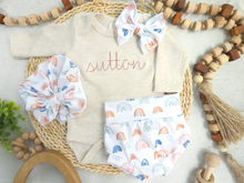Load image into Gallery viewer, Personalized Baby Girl Outfit | Oatmeal Beige Bodysuit Water Color Rainbow Pink Baby Name
