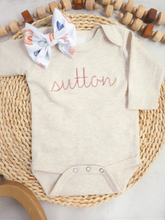 Load image into Gallery viewer, Personalized Baby Girl Outfit | Oatmeal Beige Bodysuit Water Color Rainbow Pink Baby Name
