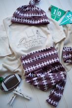 Load image into Gallery viewer, Football Baby Outfit | Oatmeal Bodysuit Football Pattern - Touchdown

