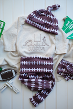 Load image into Gallery viewer, Football Baby Outfit | Oatmeal Bodysuit Football Pattern - Touchdown
