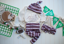 Load image into Gallery viewer, Football Baby Outfit | Oatmeal Bodysuit Football Pattern - Touchdown
