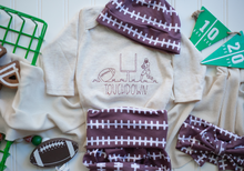 Load image into Gallery viewer, Football Baby Outfit | Oatmeal Bodysuit Football Pattern - Touchdown
