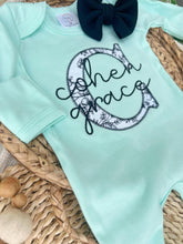Load image into Gallery viewer, Personalized Baby Girl Outfit | Mint Romper White Black Floral Baby Name
