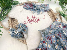 Load image into Gallery viewer, Personalized Baby Girl Outfit | Oatmeal Bodysuit Floral Gray Skirt Baby Name
