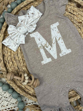 Load image into Gallery viewer, Personalized Baby Girl Outfit | Mocha Brown Flutter Sleeve Ruffle Romper Floral White Baby Name
