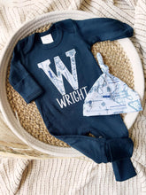 Load image into Gallery viewer, Personalized Baby Boy Outfit | Navy Romper- Airplane Jets Blue Initial Baby Name
