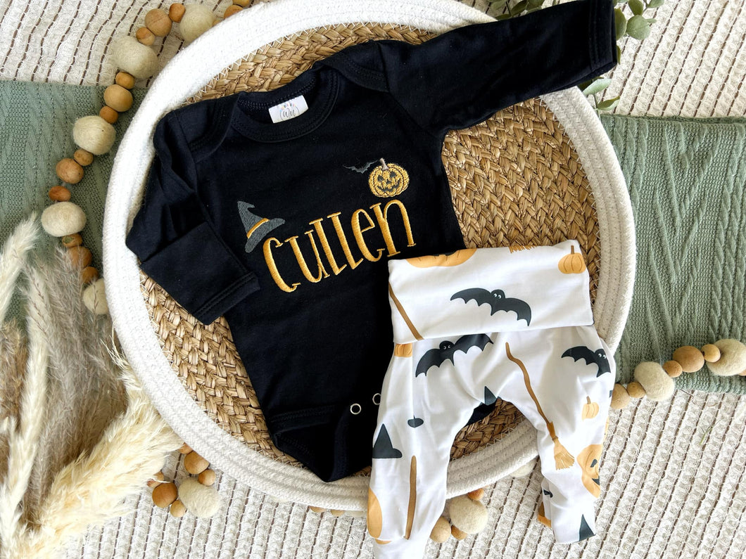 Personalized Baby Boy Outfit | Black Bodysuit Pumpkins Custom Name - Halloween