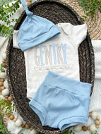 Personalized Baby Boy Outfit | Oatmeal Beige Bodysuit Soft Blue Tan Custom Baby Name