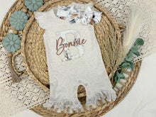 Load image into Gallery viewer, Personalized Baby Girl Outfit | Oatmeal Flutter Sleeve Ruffle Romper Floral White Baby Name
