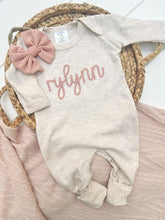 Load image into Gallery viewer, Personalized Baby Girl Outfit | Oatmeal Beige Romper Pink Chunky Chain Stitch Baby Name - Rylyn
