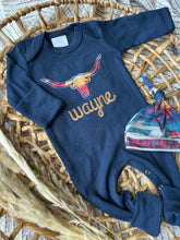 Load image into Gallery viewer, Personalized Baby Boy Outfit | Navy Romper - Western Longhorn Roping Baby Name
