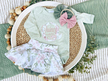 Load image into Gallery viewer, Personalized Baby Girl Outfit | Sage Green Bodysuit Small Flowers Skirt Pink Baby Name
