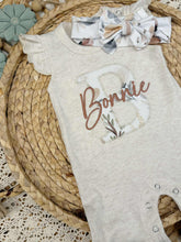 Load image into Gallery viewer, Personalized Baby Girl Outfit | Oatmeal Flutter Sleeve Ruffle Romper Floral White Baby Name
