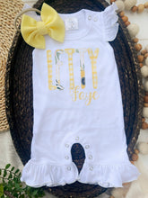 Load image into Gallery viewer, Personalized Baby Girl Outfit | White Flutter Sleeve Ruffle Romper Floral Yellows Baby Name

