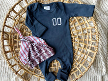 Load image into Gallery viewer, Personalized Baby Boy Outfit | Navy Romper - Jersey Style Football Baseball Baby Name
