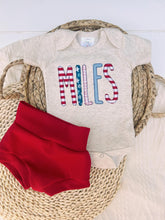 Load image into Gallery viewer, Personalized Baby Boy Outfit | Oatmeal Beige Bodysuit Red White and Blue Custom Baby Name
