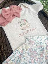 Load image into Gallery viewer, Personalized Baby Girl Outfit | Oatmeal Bodysuit Small Flowers Skirt Pink Baby Name
