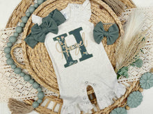 Load image into Gallery viewer, Personalized Baby Girl Outfit | Oatmeal Flutter Sleeve Ruffle Romper Floral Green Baby Name
