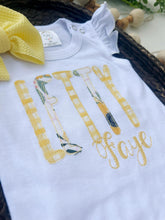 Load image into Gallery viewer, Personalized Baby Girl Outfit | White Flutter Sleeve Ruffle Romper Floral Yellows Baby Name
