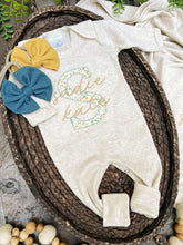 Load image into Gallery viewer, Personalized Newborn Baby Girl Outfit | Oatmeal Romper Gold and Blue Floral Big Letter Initial and Baby Name

