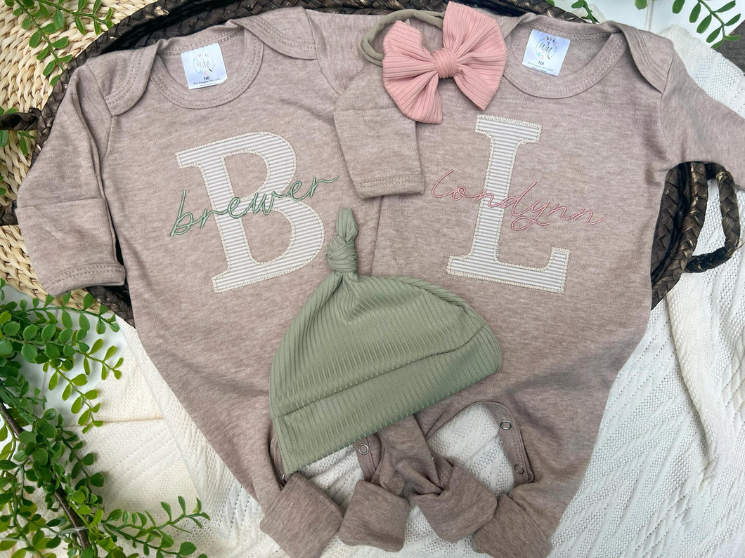 Personalized Twin Outfit | Mocha Brown Romper Beige Stripe Pink Green Baby Name