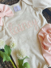 Load image into Gallery viewer, Personalized Baby Girl Outfit | Oatmeal Beige Romper Blush Pink Chunky Chain Stitch Baby Name - Lainey
