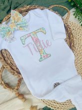 Load image into Gallery viewer, Personalized Baby Girl Outfit | White Romper Tiny Floral Letter Pink Pastel Baby Name

