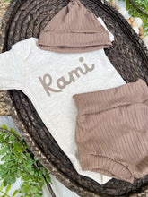 Load image into Gallery viewer, Personalized Baby Boy Outfit | Oatmeal Bodysuit Chocolate Brown Baby Name
