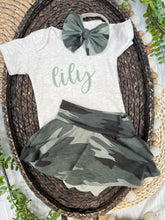 Load image into Gallery viewer, Personalized Baby Girl Outfit | Oatmeal Bodysuit Camo Skirt Green Baby Name
