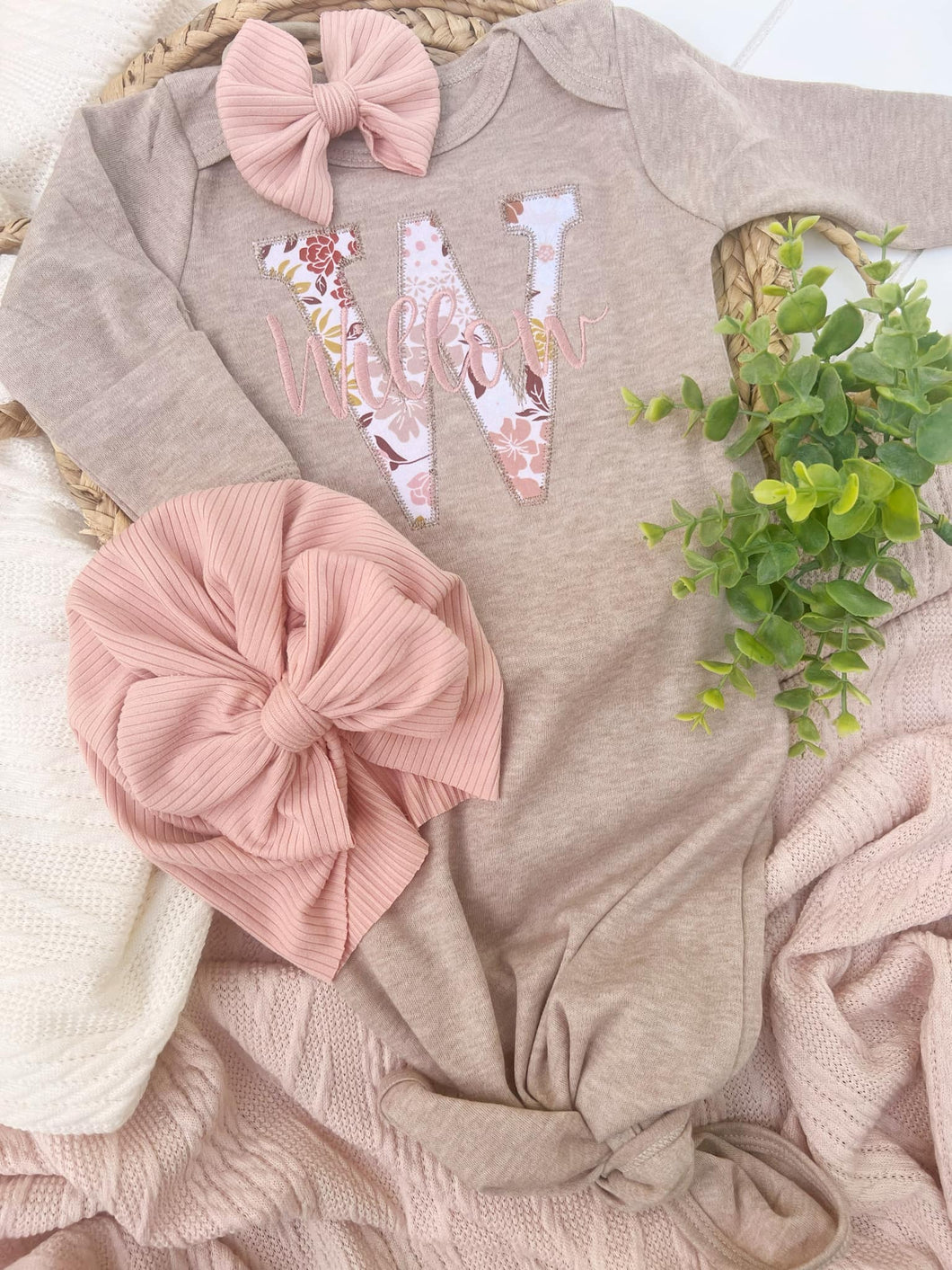 Personalized Baby Girl Outfit | Taupe Knotted Gown Floral Pink Gold - Willow