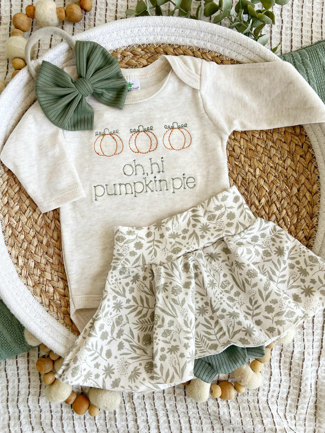 Fall Baby Girl Outfit | Beige Bodysuit Green Fall Skirt - Oh Hi Pumpkin Pie