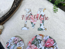 Load image into Gallery viewer, Personalized Baby Girl Outfit | Oatmeal Romper Golden Floral Big Letter Pink Baby Name
