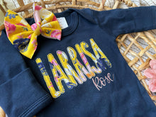 Load image into Gallery viewer, Personalized Baby Girl Outfit | Navy Romper Yellow Floral Purple Pink Baby Name
