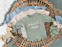 Load image into Gallery viewer, Personalized Baby Boy Outfit | Sweater Bubble Romper Beige Sage Navy Blue Baby Name
